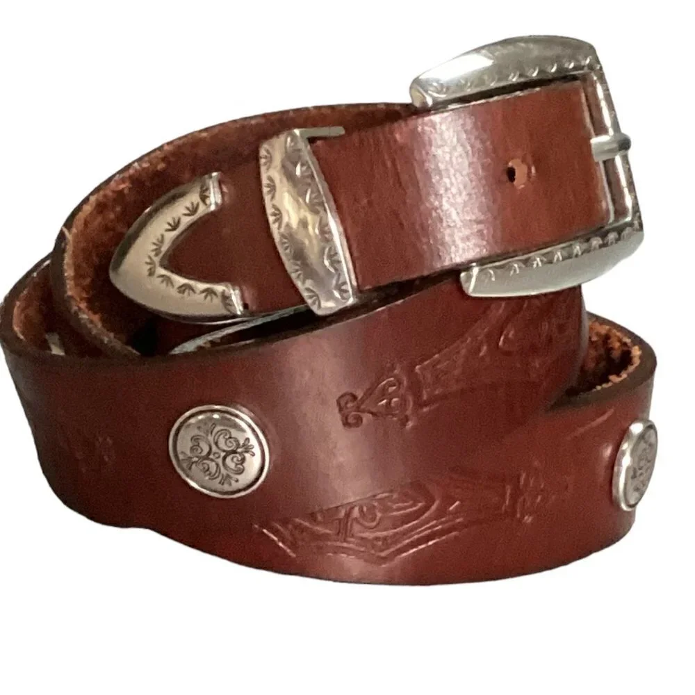 VTG Leegin USA 34-38 Western Belt Brown Hand Tooled Leather‎ Silver Conchos 29S